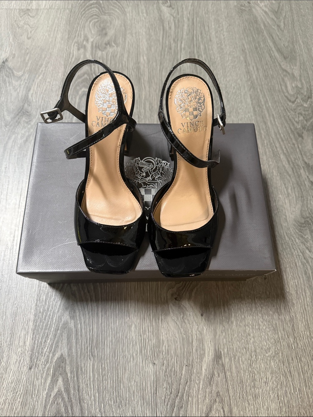 Vince Camuto Black Patent Open-Toe Slingback Heels